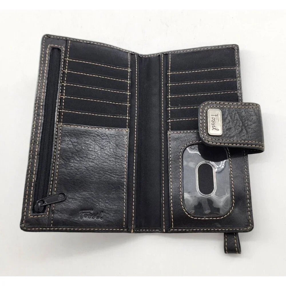 Vintage Fossil Wallet Bi-Fold Brown Textile/Leather Snap Front Zip‎ Pocket 7
